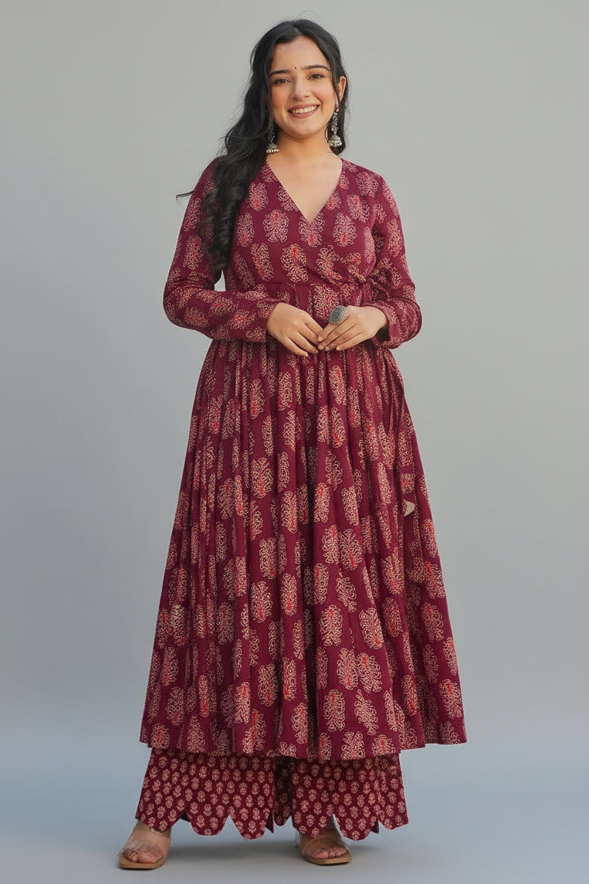 Magenta Rayon Anarkali Printed Kurti