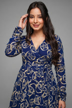 Dark Blue Rayon Anarkali Printed Kurti - blue rayon saree