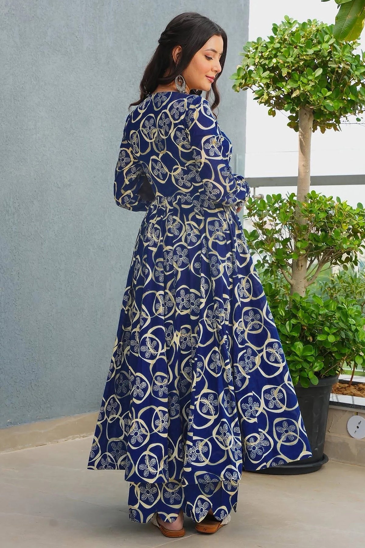 Dark Blue Rayon Anarkali Printed Kurti - blue rayon saree