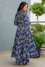 Dark Blue Rayon Anarkali Printed Kurti - blue rayon saree