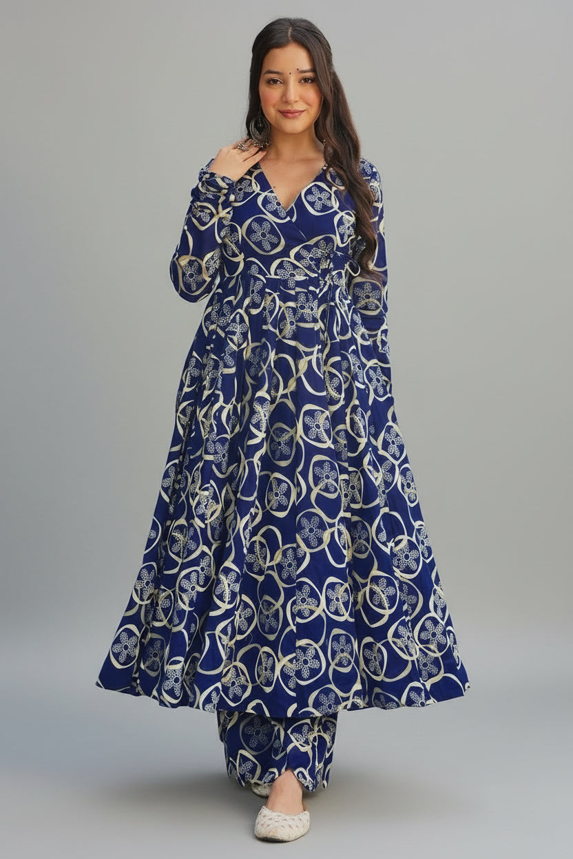 Dark Blue Rayon Anarkali Printed Kurti - blue rayon saree Main image