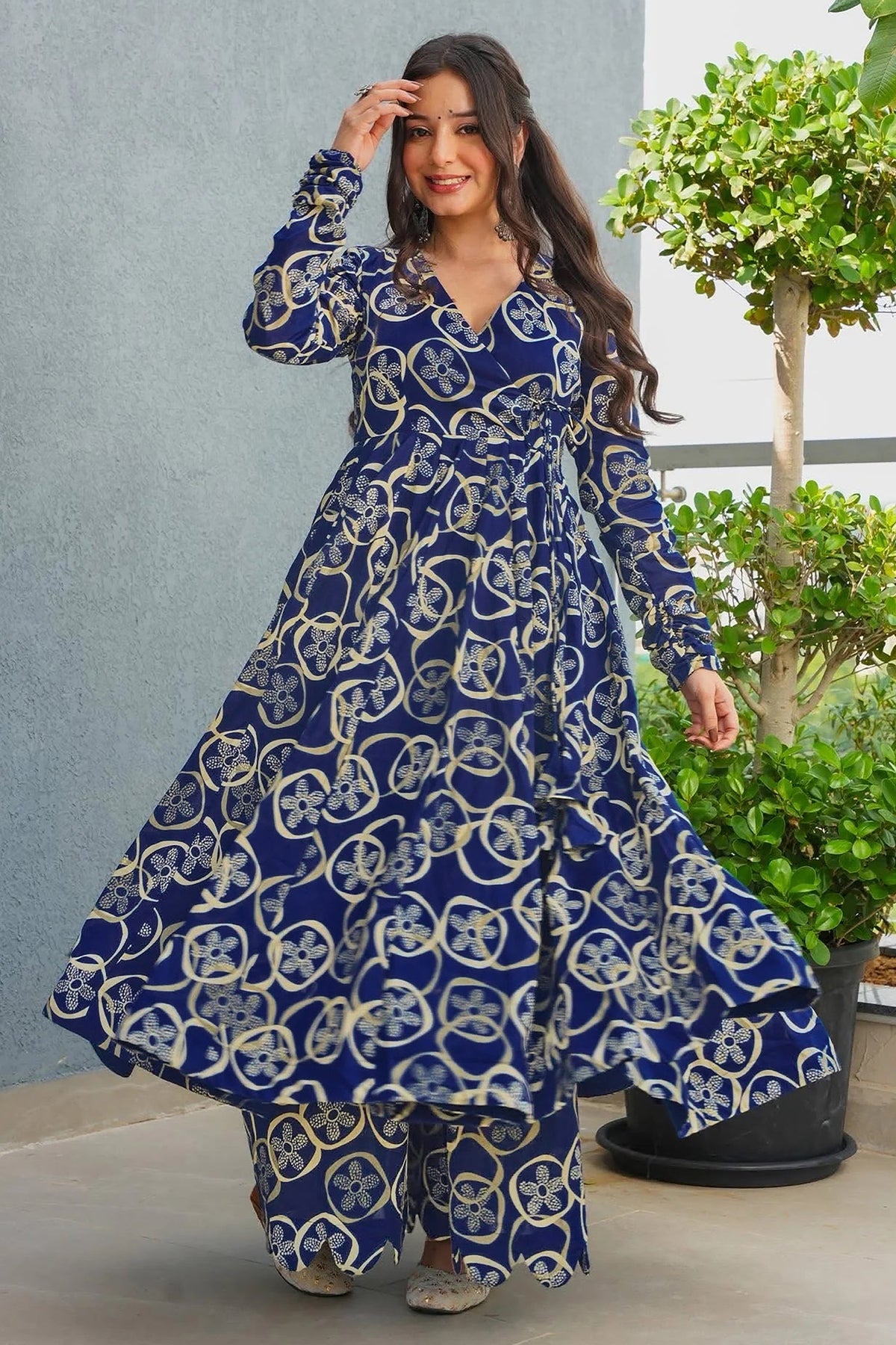 Dark Blue Rayon Anarkali Printed Kurti - blue rayon saree