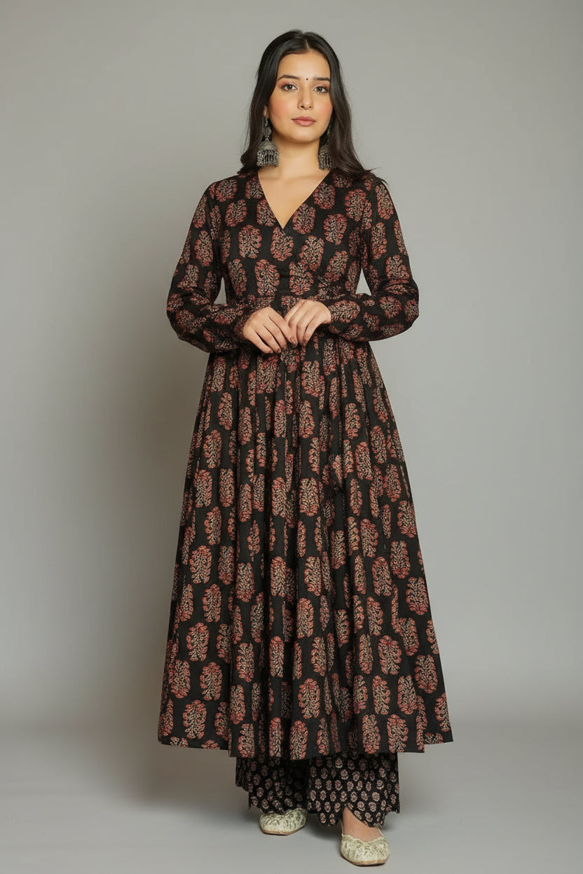 Black Rayon Anarkali Printed Kurti - black rayon saree