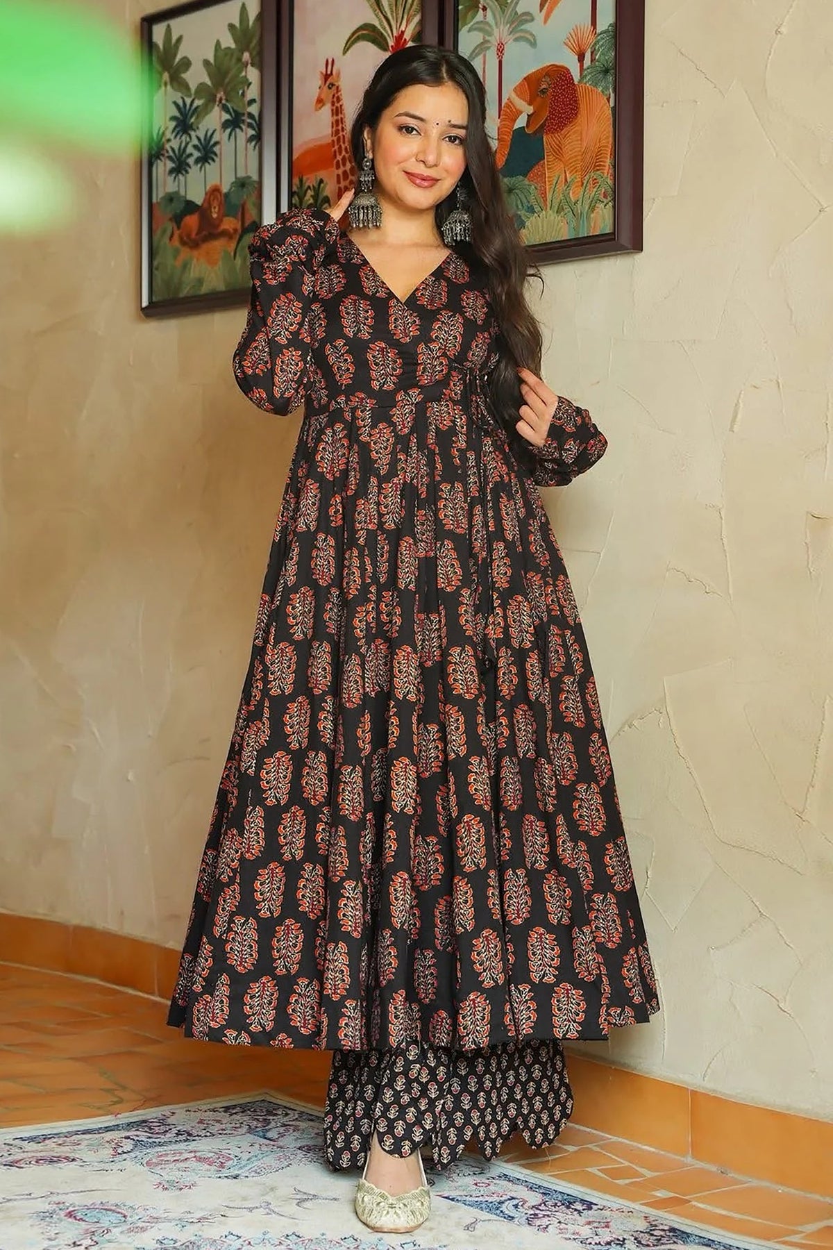 Black Rayon Anarkali Printed Kurti - black rayon saree
