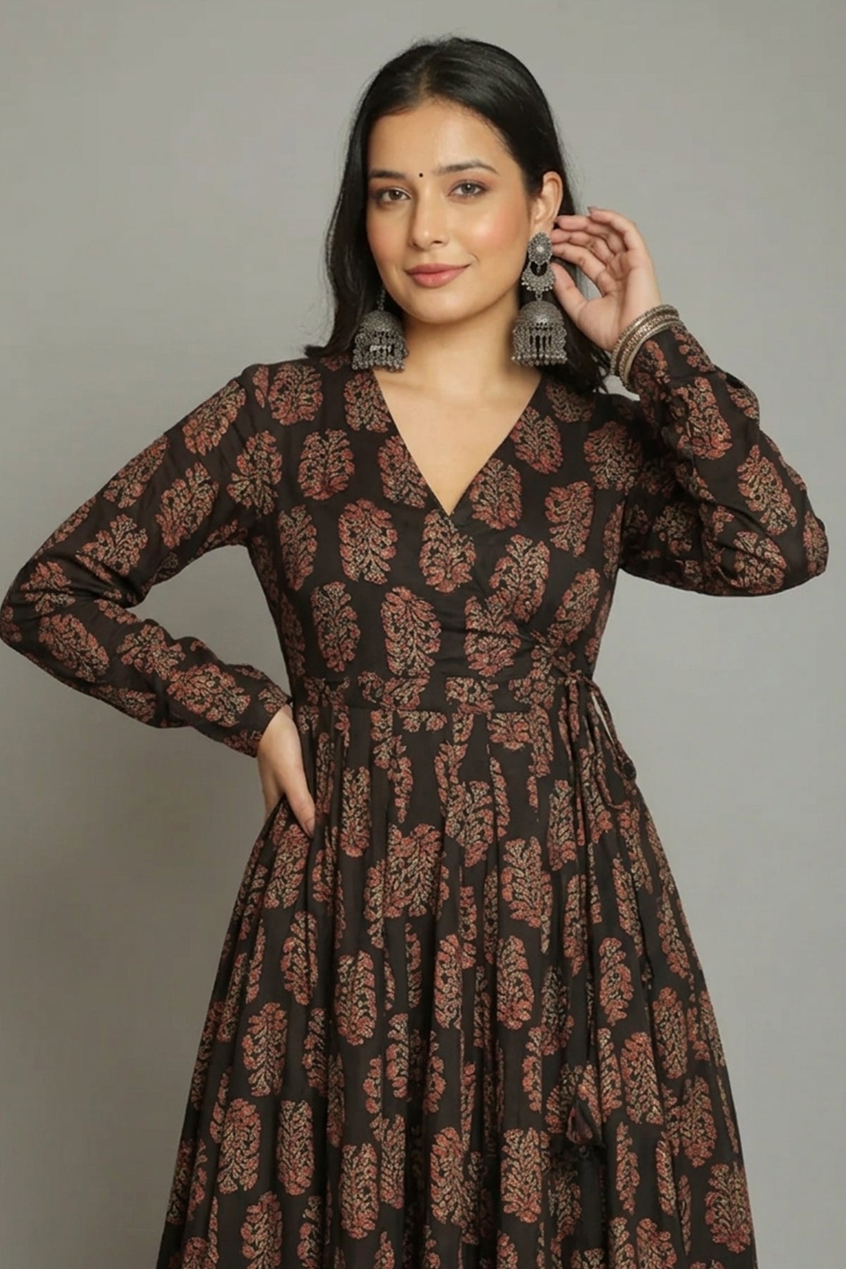 Black Rayon Anarkali Printed Kurti - black rayon saree
