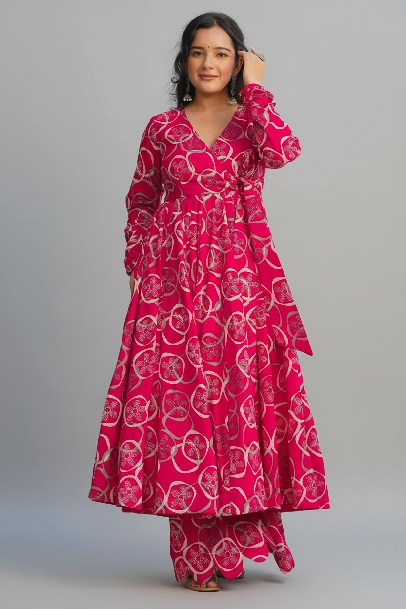Pink Rayon Anarkali Printed Kurti - pink rayon saree Main image