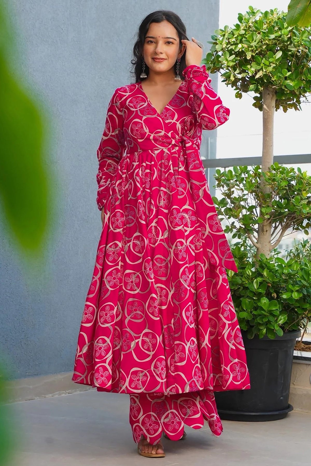 Pink Rayon Anarkali Printed Kurti