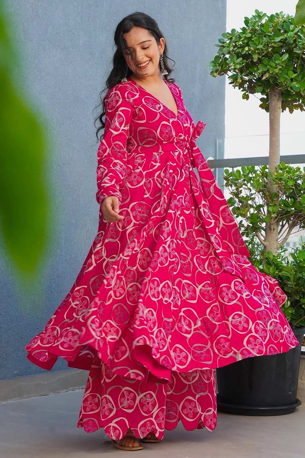 Pink Rayon Anarkali Printed Kurti - pink rayon saree