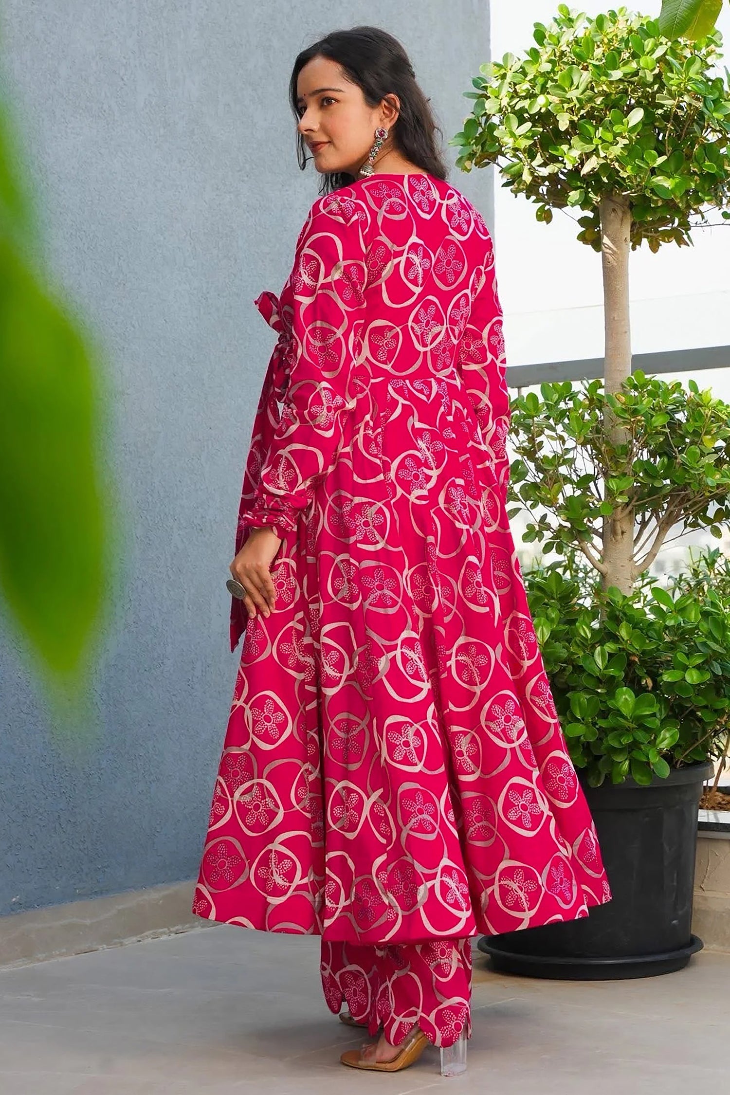 Pink Rayon Anarkali Printed Kurti - pink rayon saree