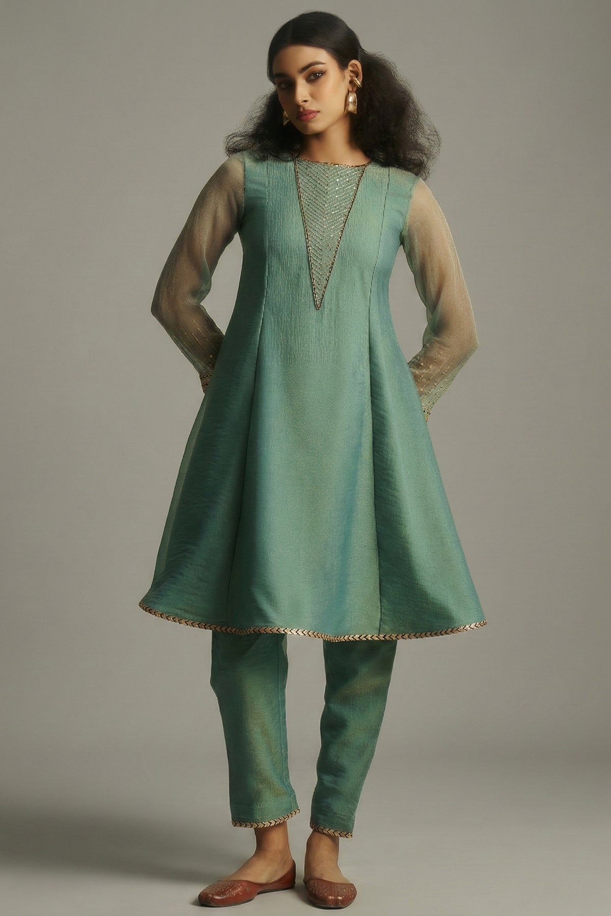 Sea Green Tissue Sequinned Kurti with Pant featuring a lush tussar-silk bottom