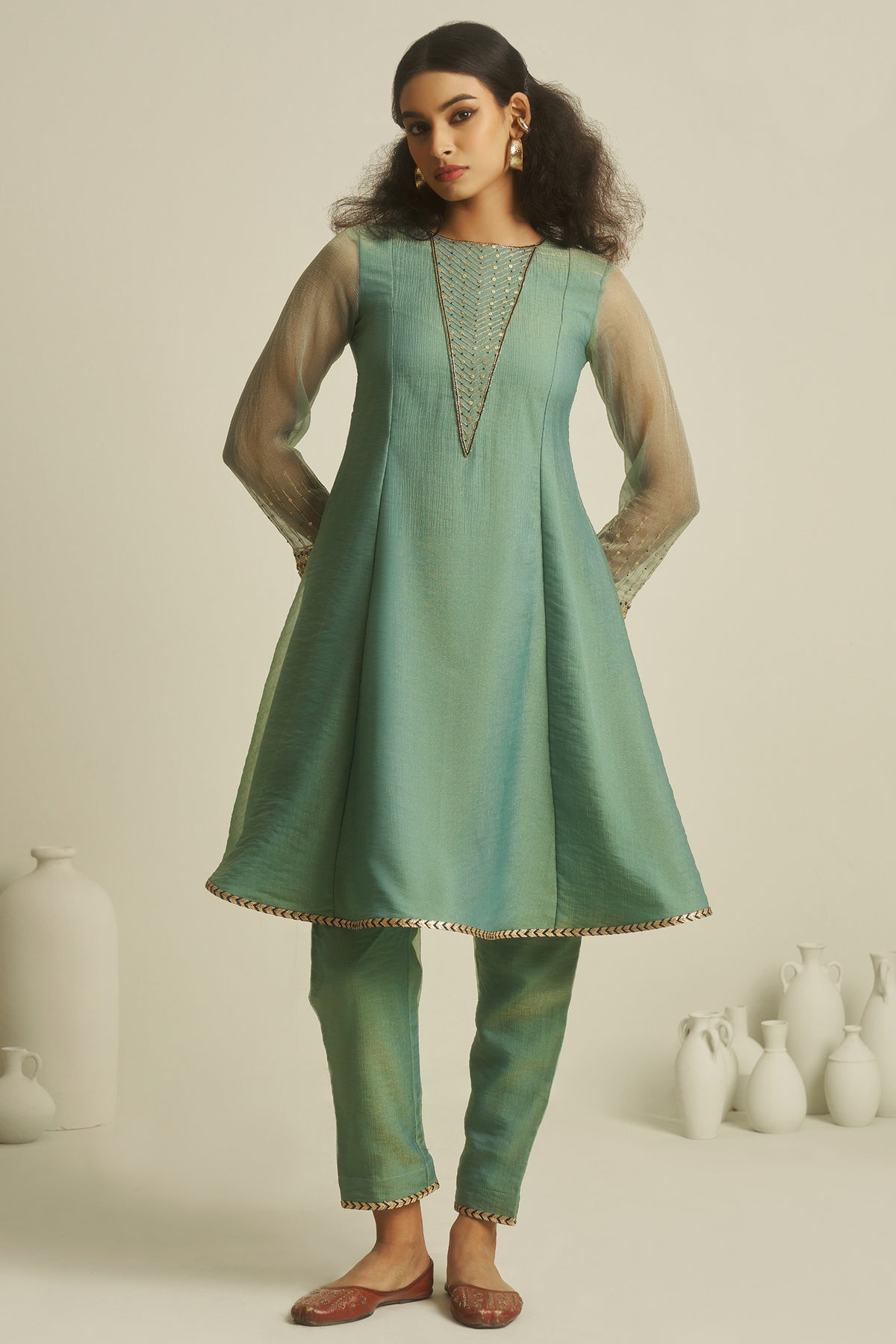 Designer Sea Green Tissue Sequinned Kurti with Pant for grand celebratory events