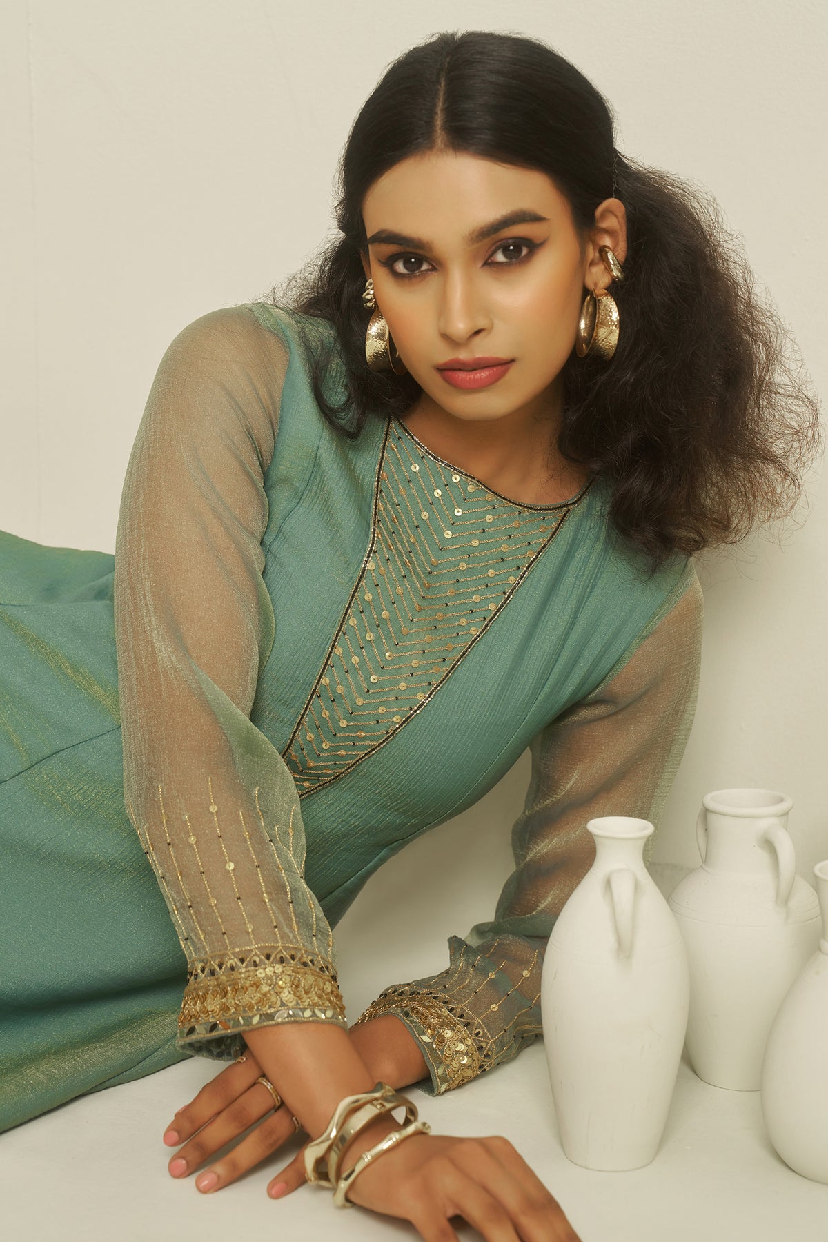 Sea Green Tissue Sequinned Kurti with Pant - green saree