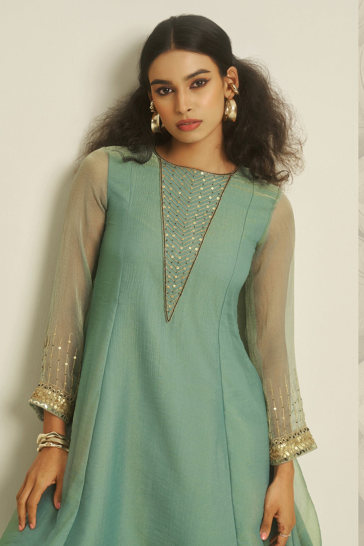 Sea Green Tissue Sequinned Kurti with Pant - green saree