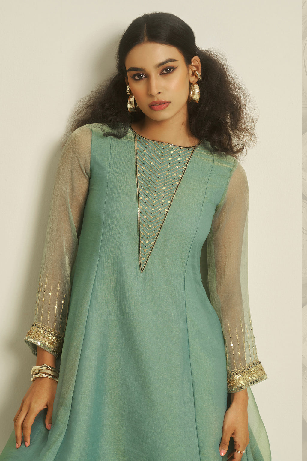 Sea Green Tissue Sequinned Kurti with Pant - green saree