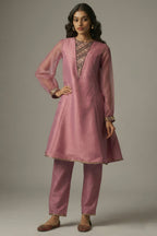 Rosewood Pink Tissue Sequinned Kurti with Pant featuring a lush tussar-silk bottom