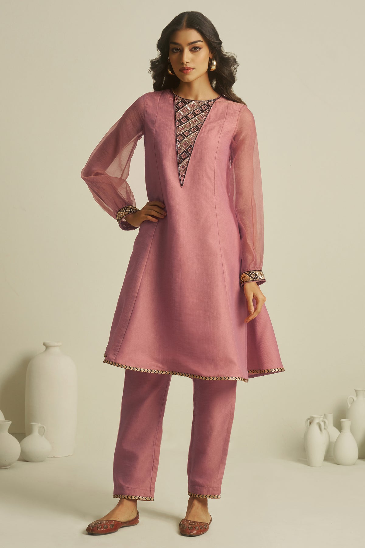 Designer Rosewood Pink Tissue Sequinned Kurti with Pant for grand celebratory events