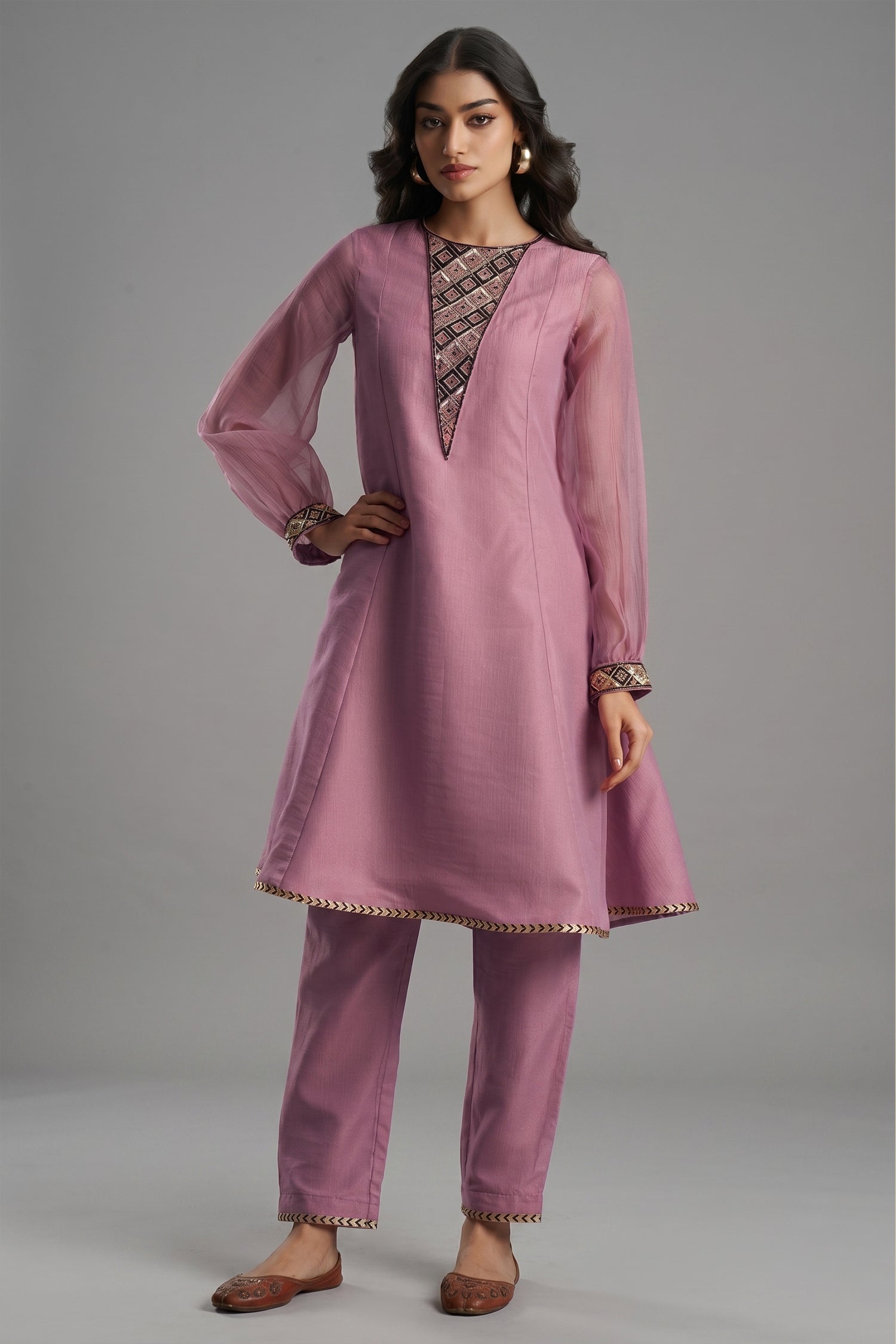 Rosewood Pink Tissue Sequinned Kurti with Pant - Front View