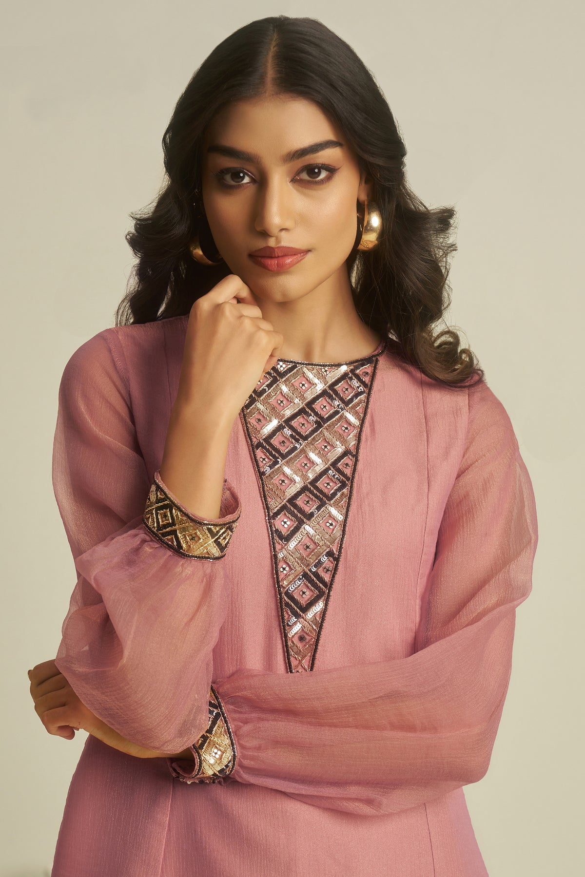 Rosewood Pink Tissue Sequinned Kurti with Pant - pink saree