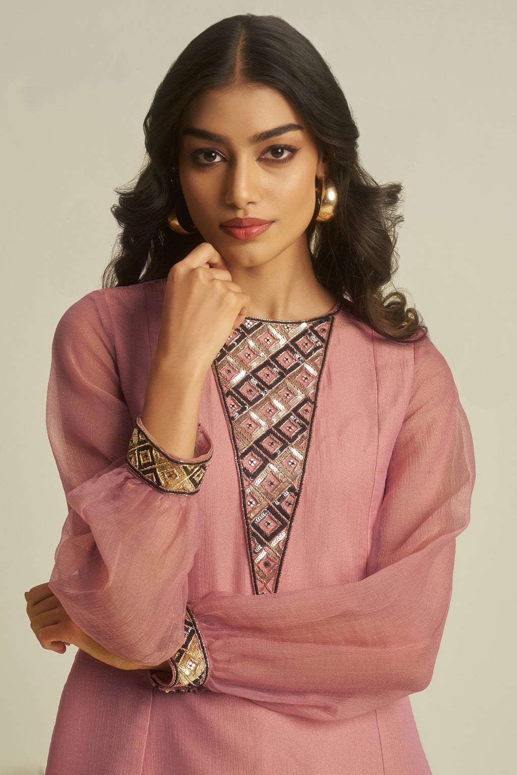 Rosewood Pink Tissue Sequinned Kurti with Pant - pink saree