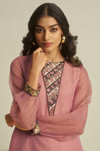 Rosewood Pink Tissue Sequinned Kurti with Pant - pink saree
