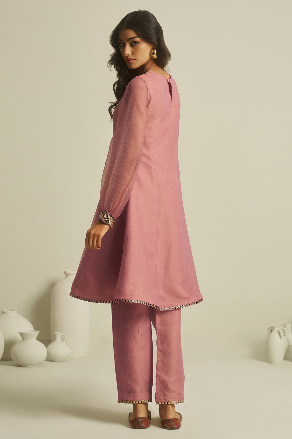 Rosewood Pink Tissue Sequinned Kurti with Pant - pink saree