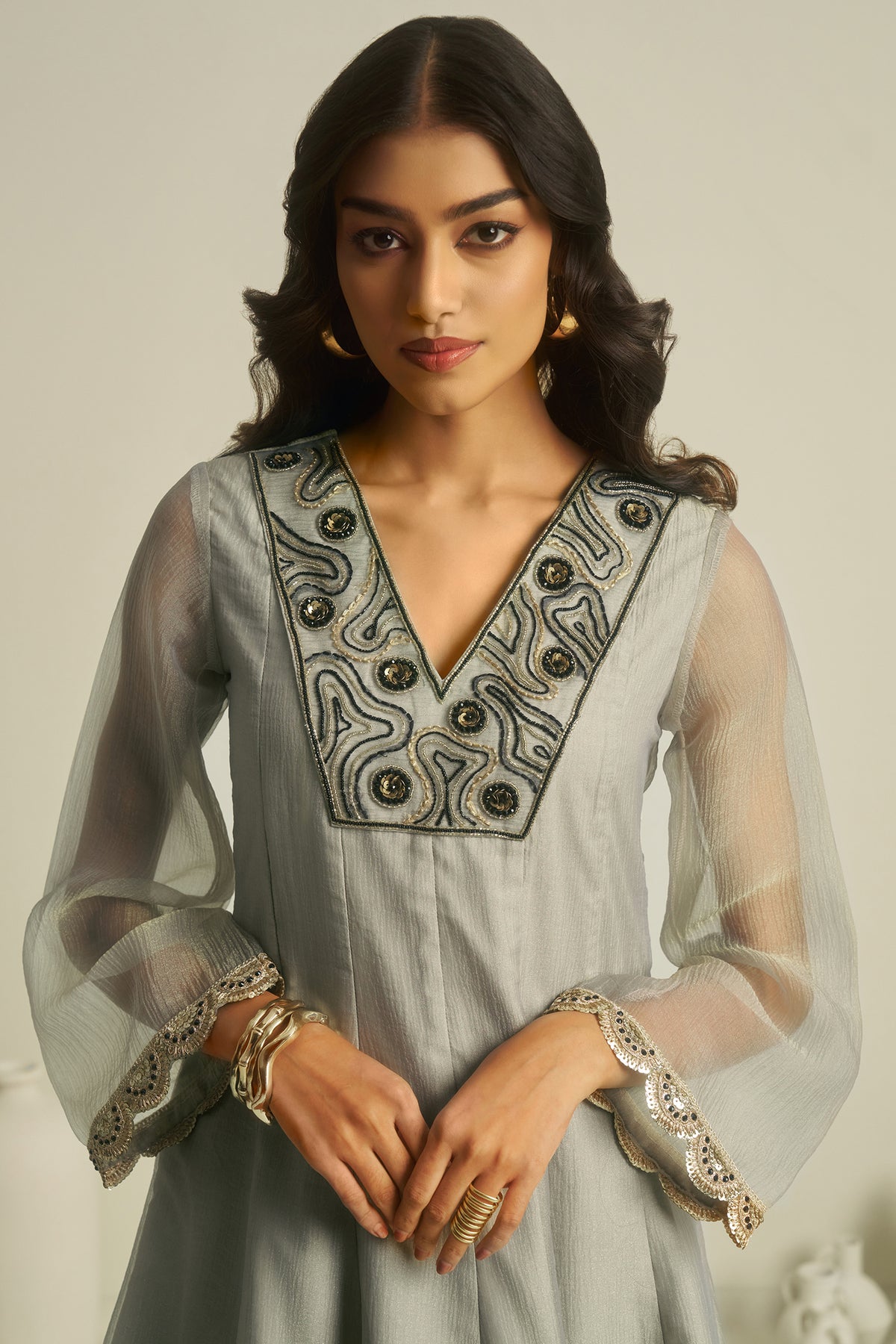 Dove Grey Tissue Sequinned Kurti with Bottom - grey saree