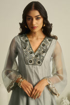 Dove Grey Tissue Sequinned Kurti with Bottom - grey saree
