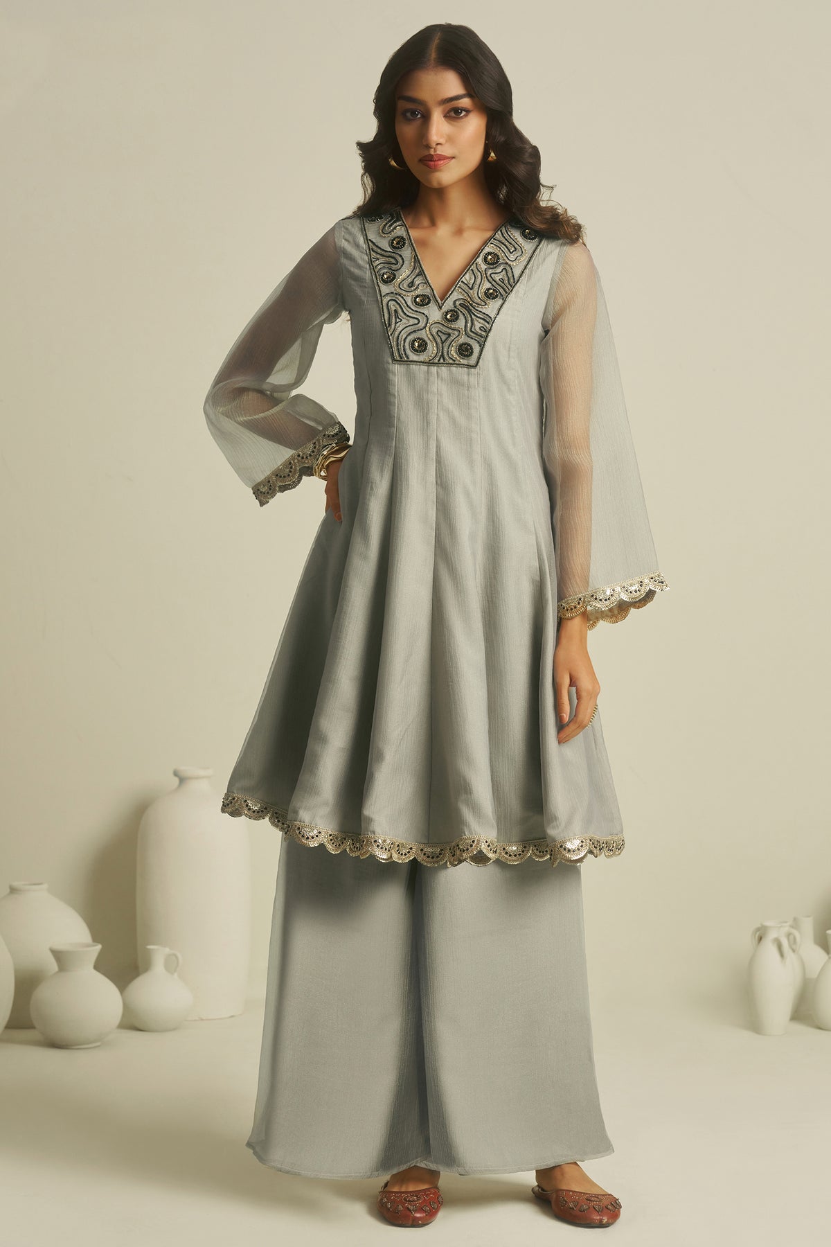 Dove Grey Tissue Sequinned Kurti with Bottom featuring a lush tussar-silk bottom