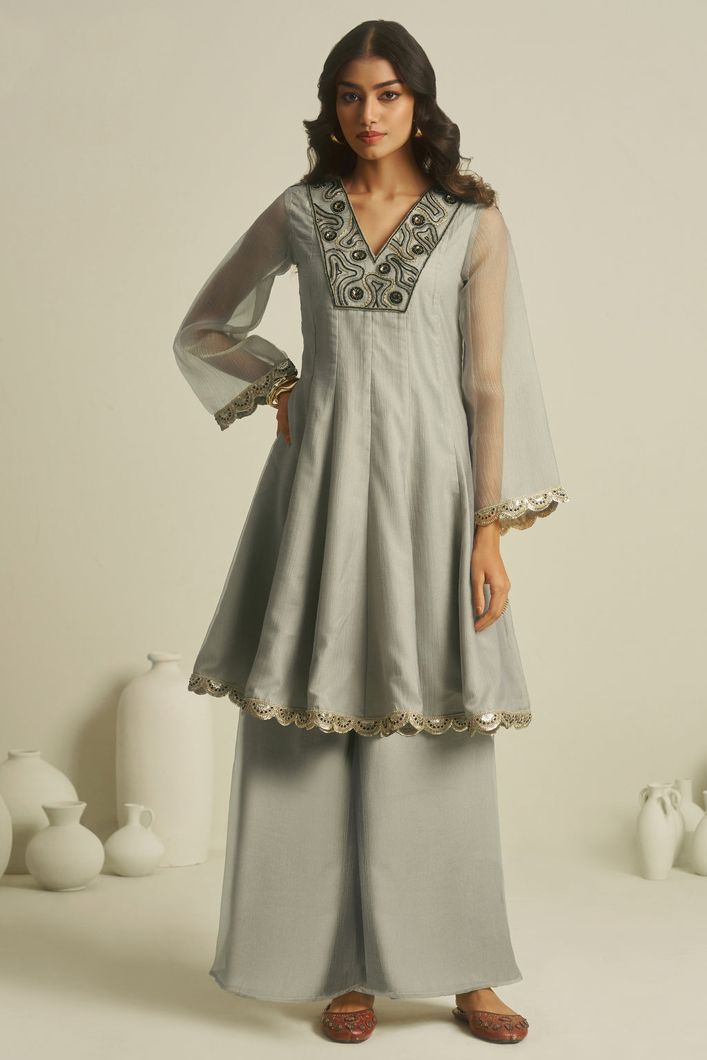 Dove Grey Tissue Sequinned Kurti with Bottom featuring a lush tussar-silk bottom