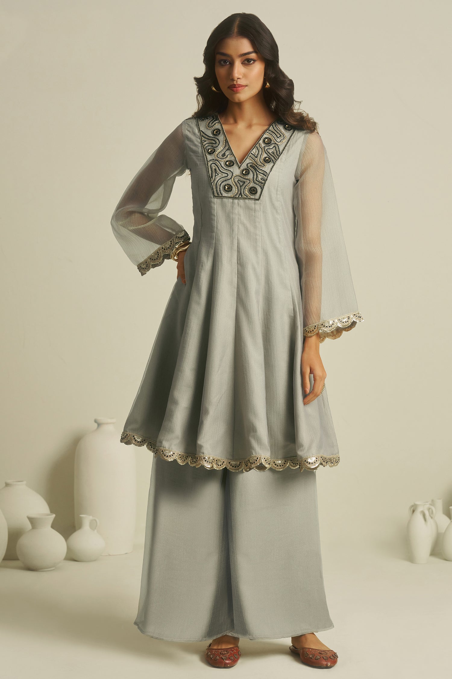 Dove Grey Tissue Sequinned Kurti with Bottom featuring a lush tussar-silk bottom