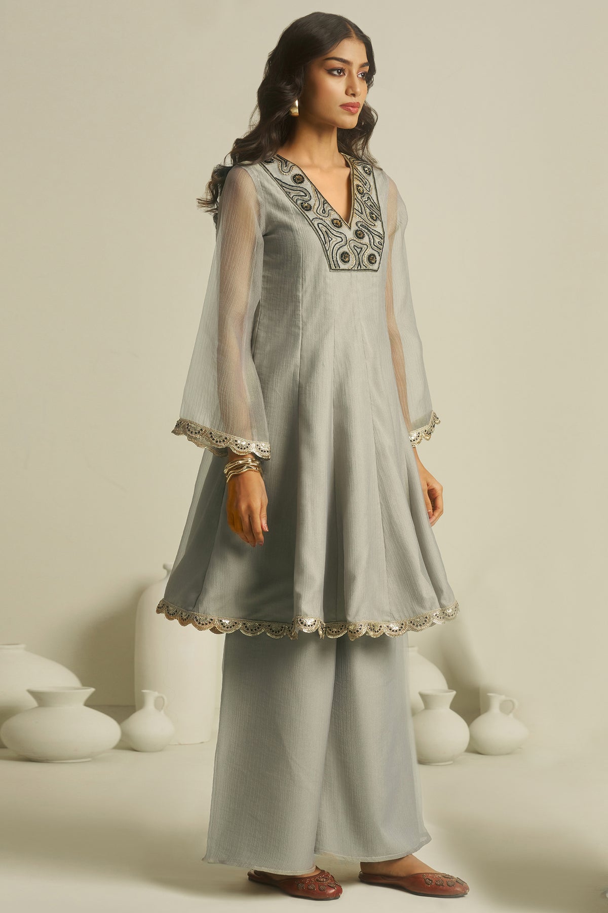 Designer Dove Grey Tissue Sequinned Kurti with Bottom for elegant evening events