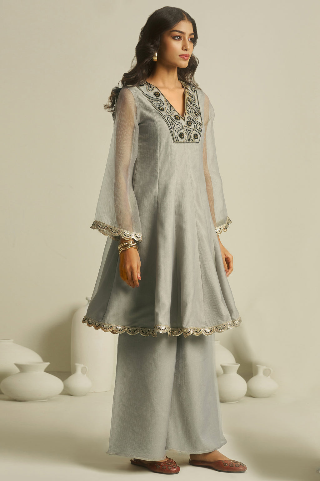 Designer Dove Grey Tissue Sequinned Kurti with Bottom for elegant evening events
