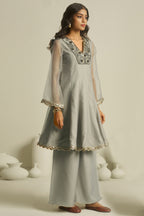 Designer Dove Grey Tissue Sequinned Kurti with Bottom for elegant evening events
