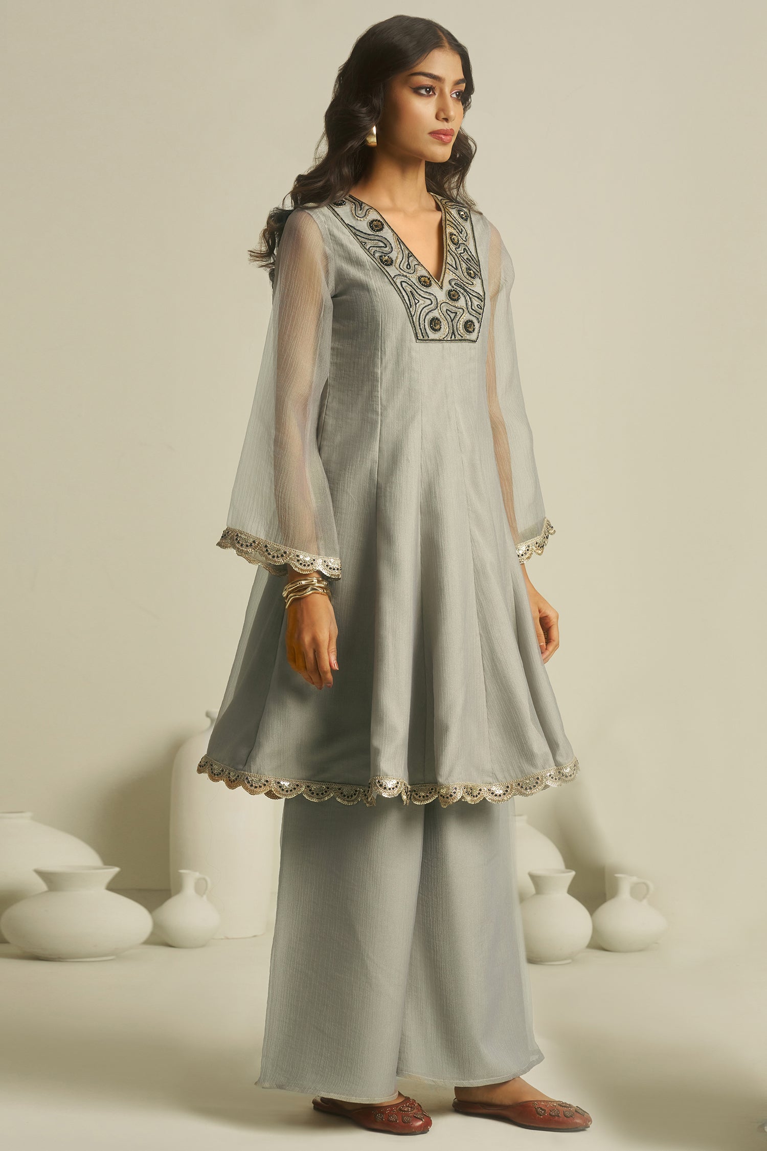 Designer Dove Grey Tissue Sequinned Kurti with Bottom for elegant evening events