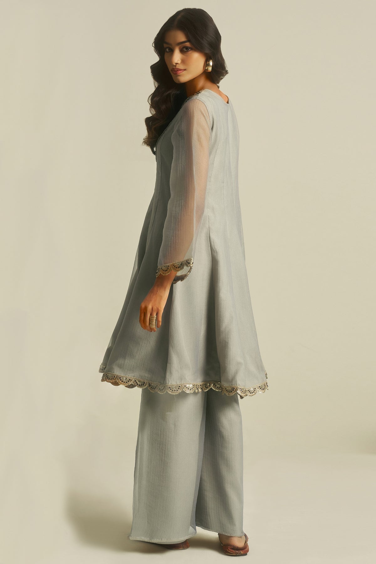 Dove Grey Tissue Sequinned Kurti with Bottom - grey saree
