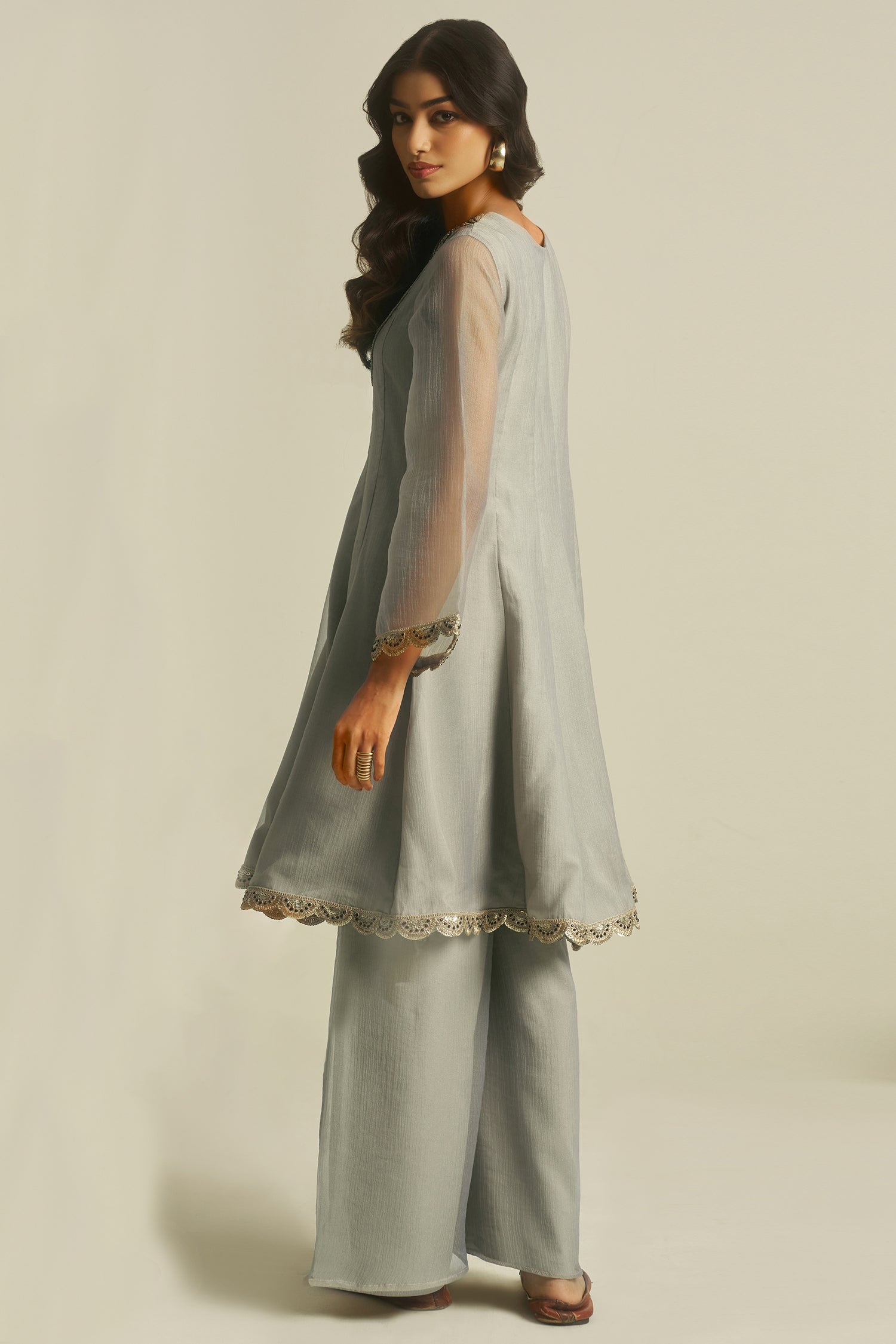 Dove Grey Tissue Sequinned Kurti with Bottom - grey saree