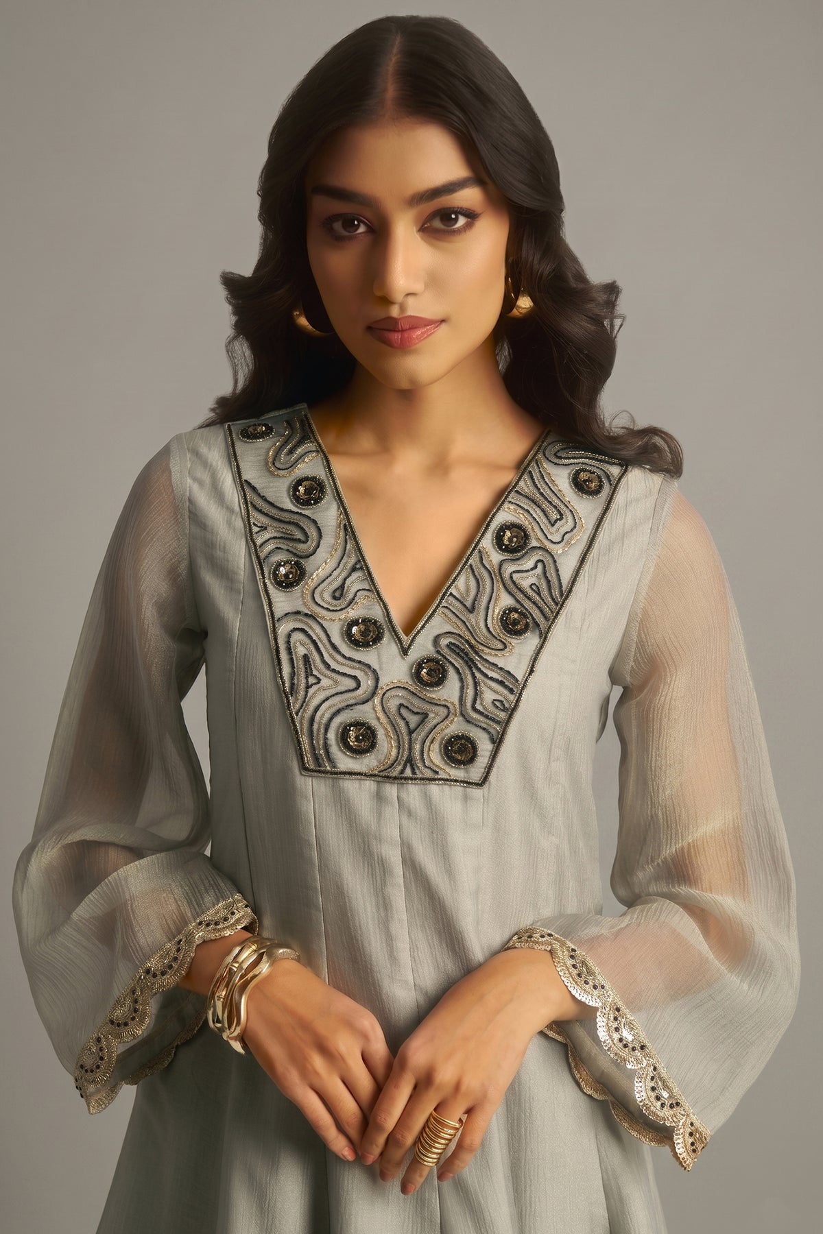 Close-up of high-definition sequins on the Dove Grey Tissue Sequinned Kurti with Bottom