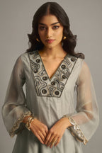 Close-up of high-definition sequins on the Dove Grey Tissue Sequinned Kurti with Bottom