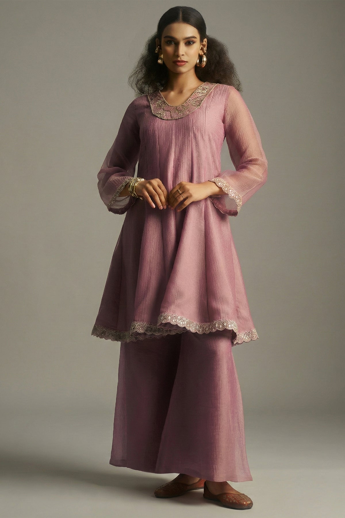 Deep Pastel Pink Tissue Sequinned Kurti with Bottom featuring a lush tussar-silk bottom