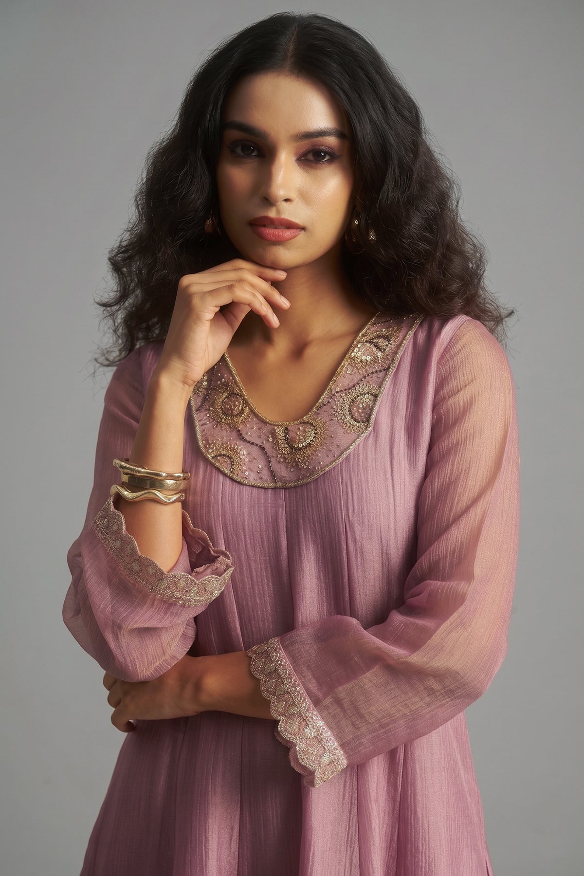 Close-up of high-definition sequins on the Deep Pastel Pink Tissue Sequinned Kurti with Bottom