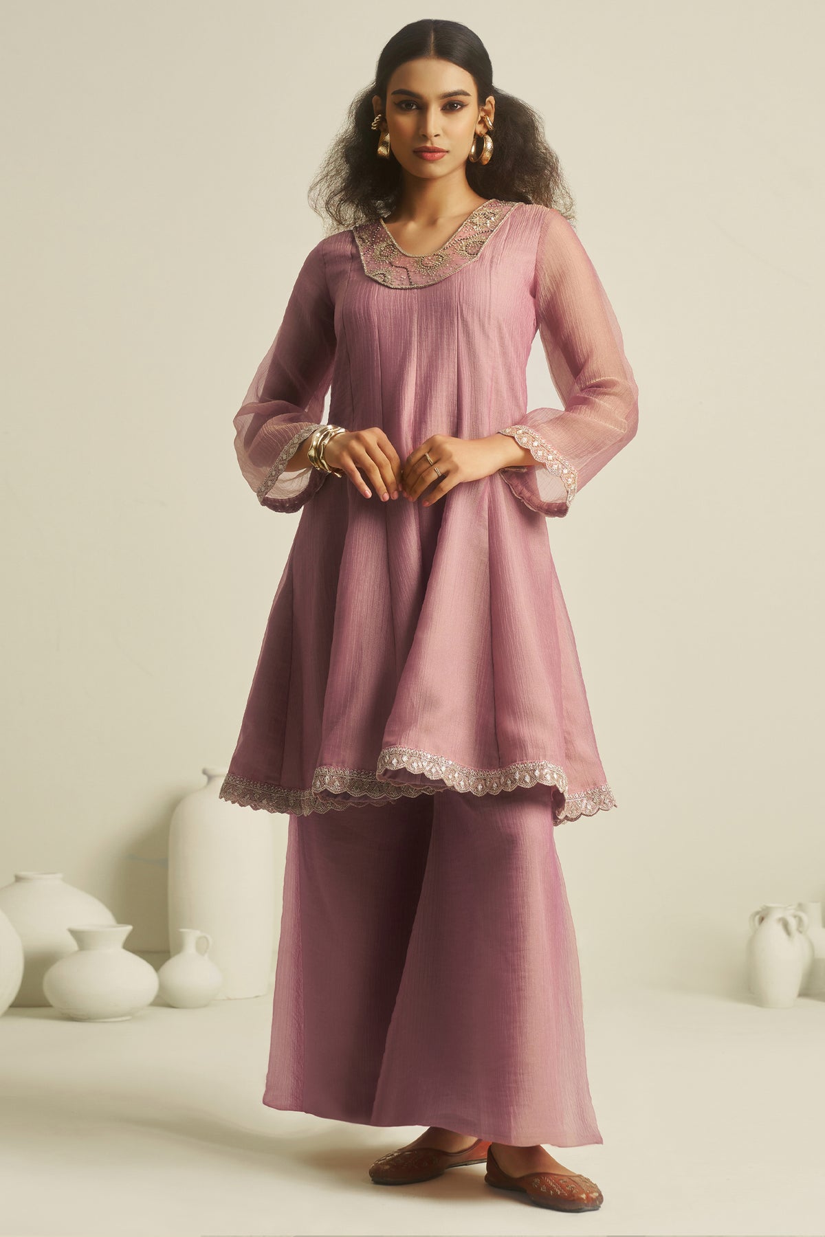 Designer Deep Pastel Pink Tissue Sequinned Kurti with Bottom for grand celebratory events