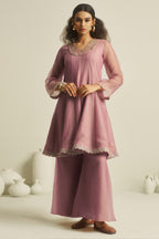 Designer Deep Pastel Pink Tissue Sequinned Kurti with Bottom for grand celebratory events