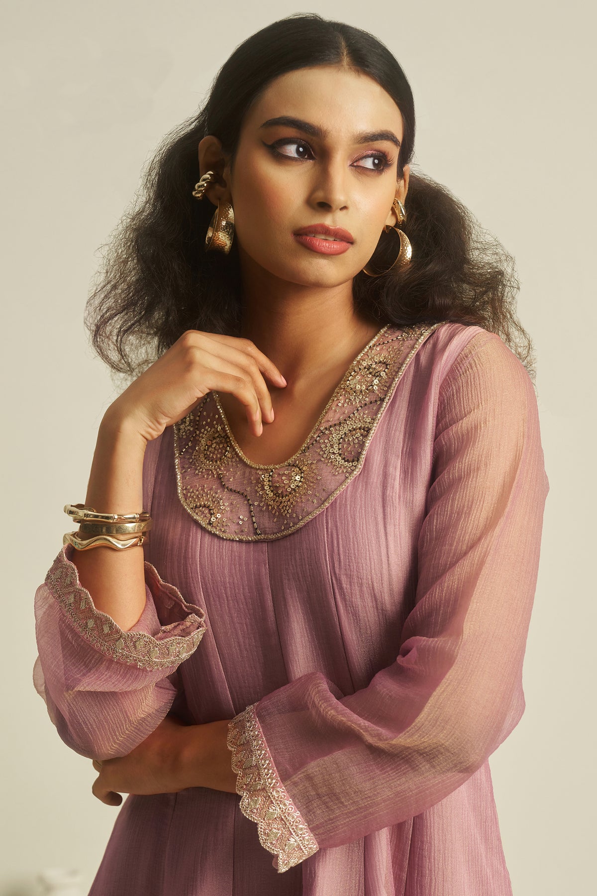 Deep Pastel Pink Tissue Sequinned Kurti with Bottom - pink saree