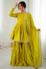 Yellow Chanderi Sharara Set with Weaving