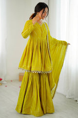 Yellow Chanderi Sharara Set with Weaving
