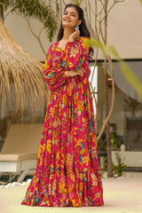 Magenta Pink Chinon Floral Printed Kurti