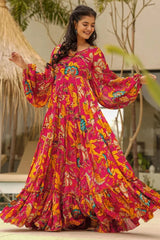 Magenta Pink Chinon Floral Printed Kurti