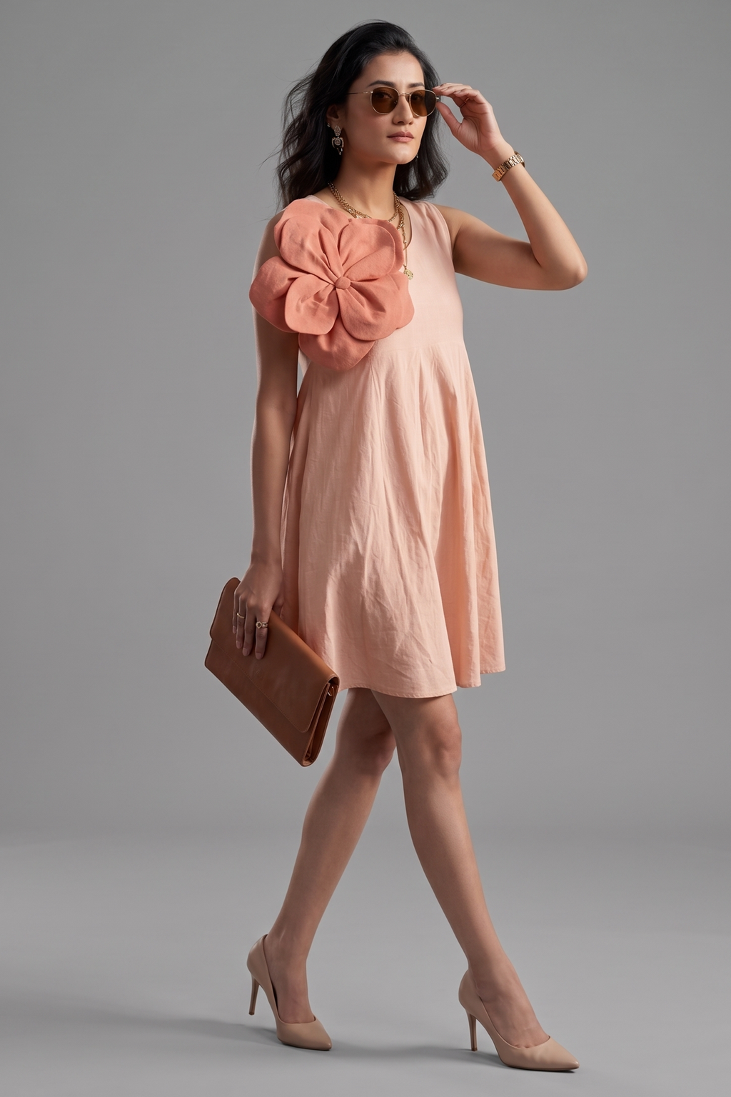 Light Pink Cotton 3D Floral Patch Fit-and-Flare Mini Dress