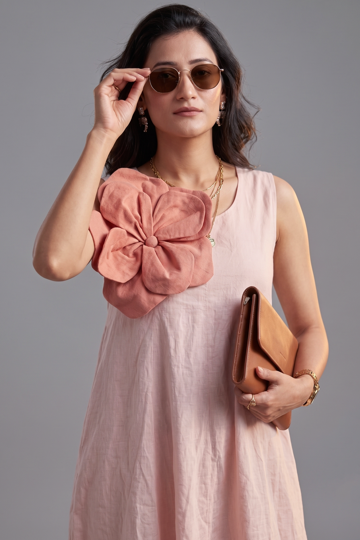 Light Pink Cotton 3D Floral Patch Fit-and-Flare Mini Dress