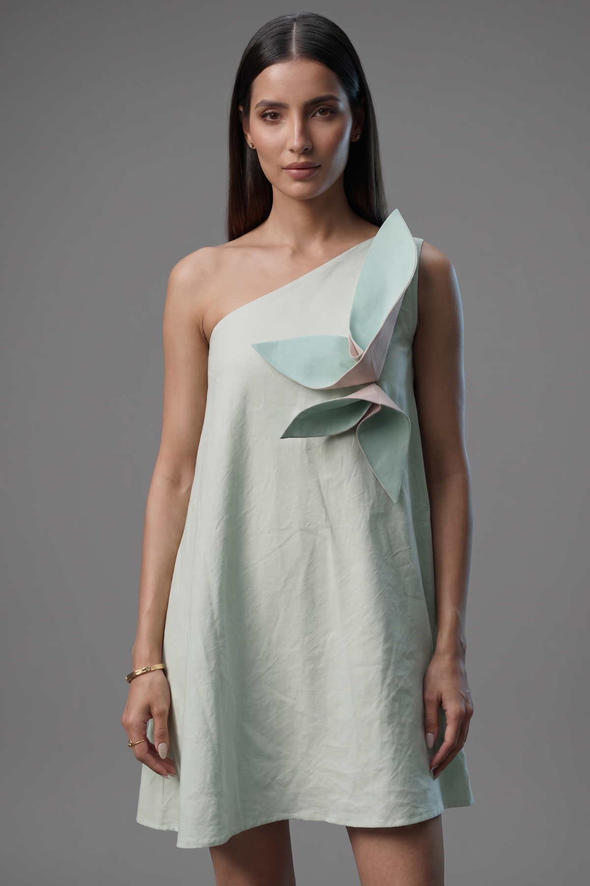 Mint Green Cotton 3D Patch A Line One Shoulder Fit-and-Flare Mini Dress